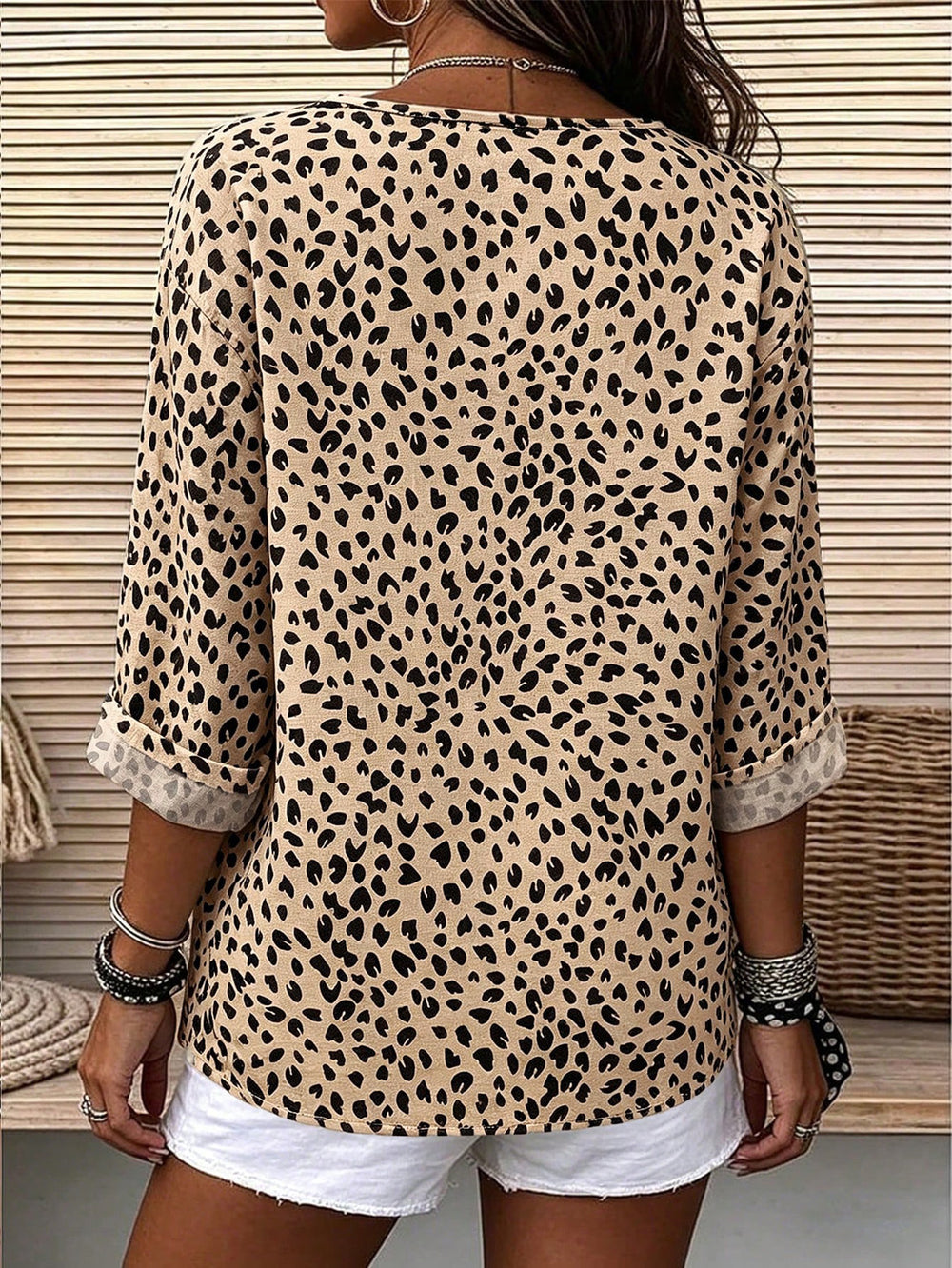 Casual khaki leopard print half placket shirt retro roll sleeves daily work clothingeasiest for match women's clothing 1688 supply