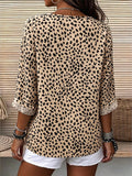 Casual khaki leopard print half placket shirt retro roll sleeves daily work clothingeasiest for match women's clothing 1688 supply