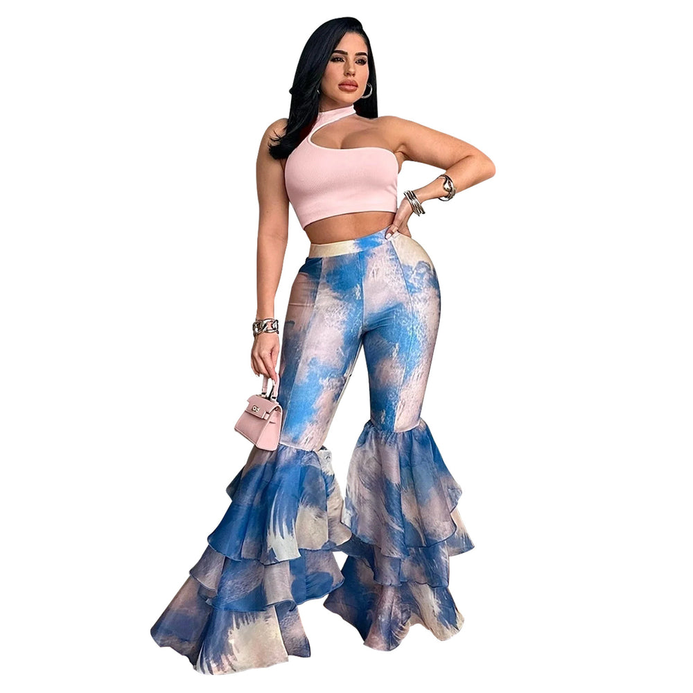 C6971 cross-border   independent station fashion women's printed flare pants ruffle hem women's trousers