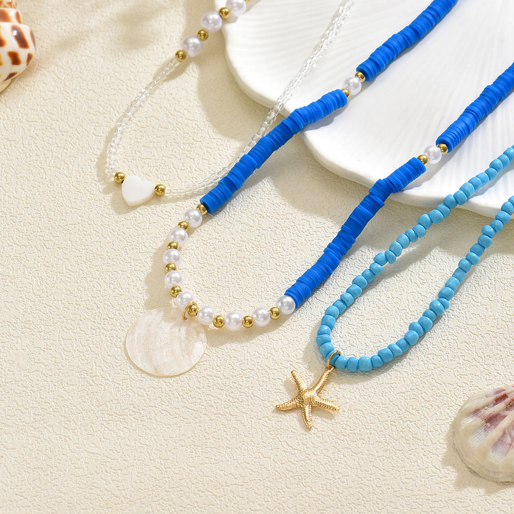 Bohemian seaside necklace wholesale european and american cross-border blue soft clay beaded pendant vacation style starfish clavicle chain