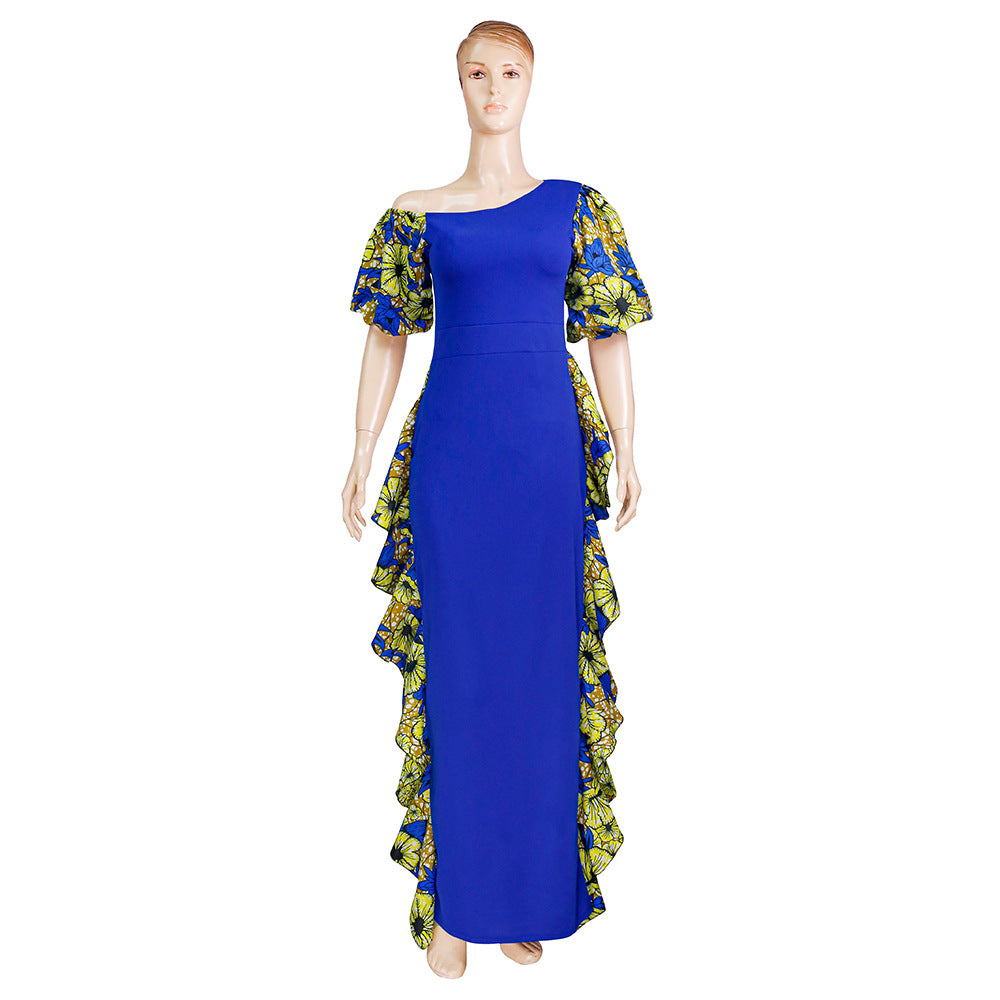 fashion african export new arrival evening dress oblique shoulder style e-commerce  women's wax cloth puff sleeve long skirt