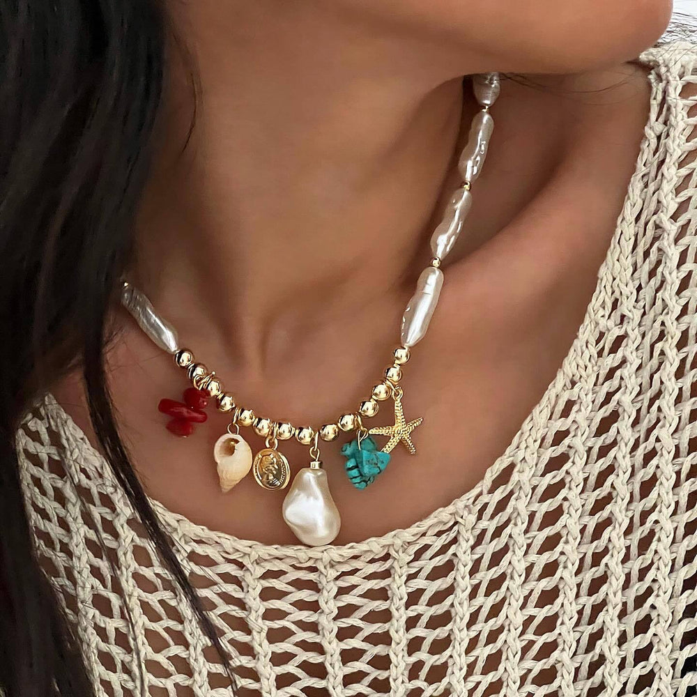 bohemian style colorful gravel starfish necklace niche styleasymmetrical imitation pearl string clavicle chain accessories