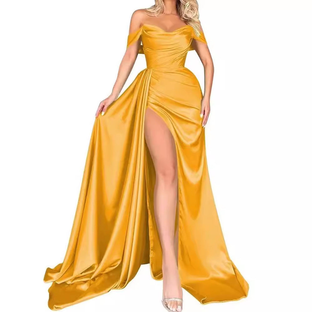 direct sales cross-border trade banquet high-slit sexy host one-shoulder slimming party evening dress