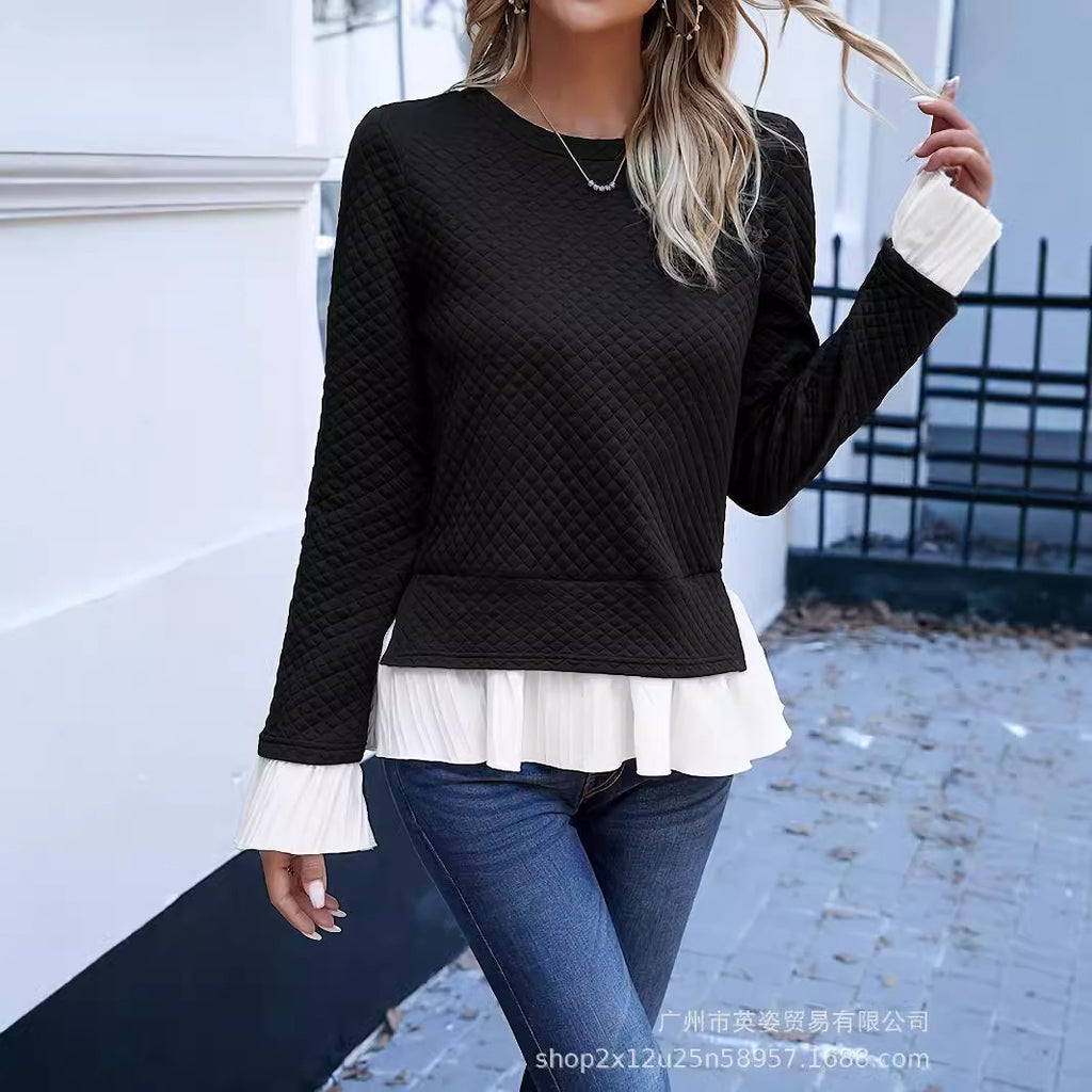 Cross-border women's clothing Shein  Europe and America 2024 spring and summer casual solid color round neck fashion sweater lace long sleeve