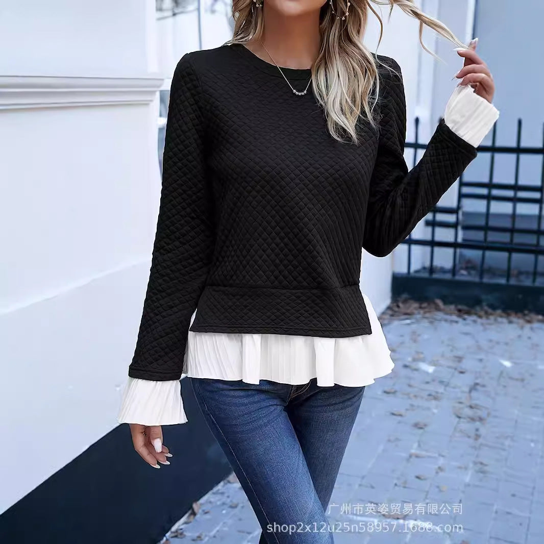 Cross-border women's clothing Shein  Europe and America 2024 spring and summer casual solid color round neck fashion sweater lace long sleeve