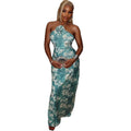 European and american style cross-border fresh women's clothing elegant backless halter bodycon dress - chic blue and white abstract print maxi dress