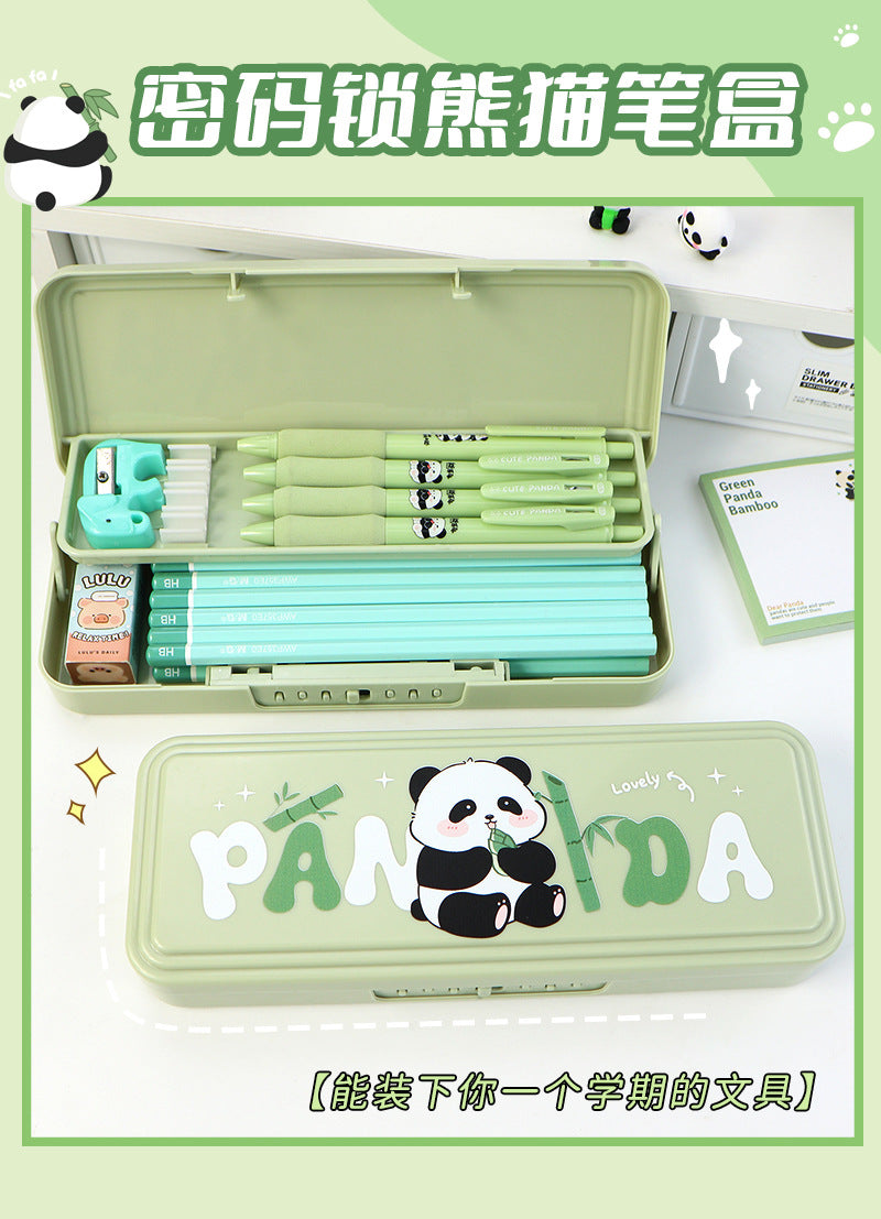 Stationery box custom password lock multi-layer large-capacity pencil case panda cartoon multi-functional high-value pencil bag wholesale