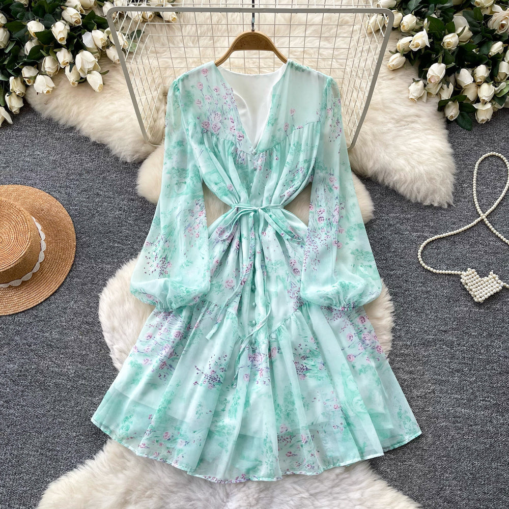 French riviera style pink floral v-neck dress - women's summer korean style long sleeve a-line dress with slimming waist design