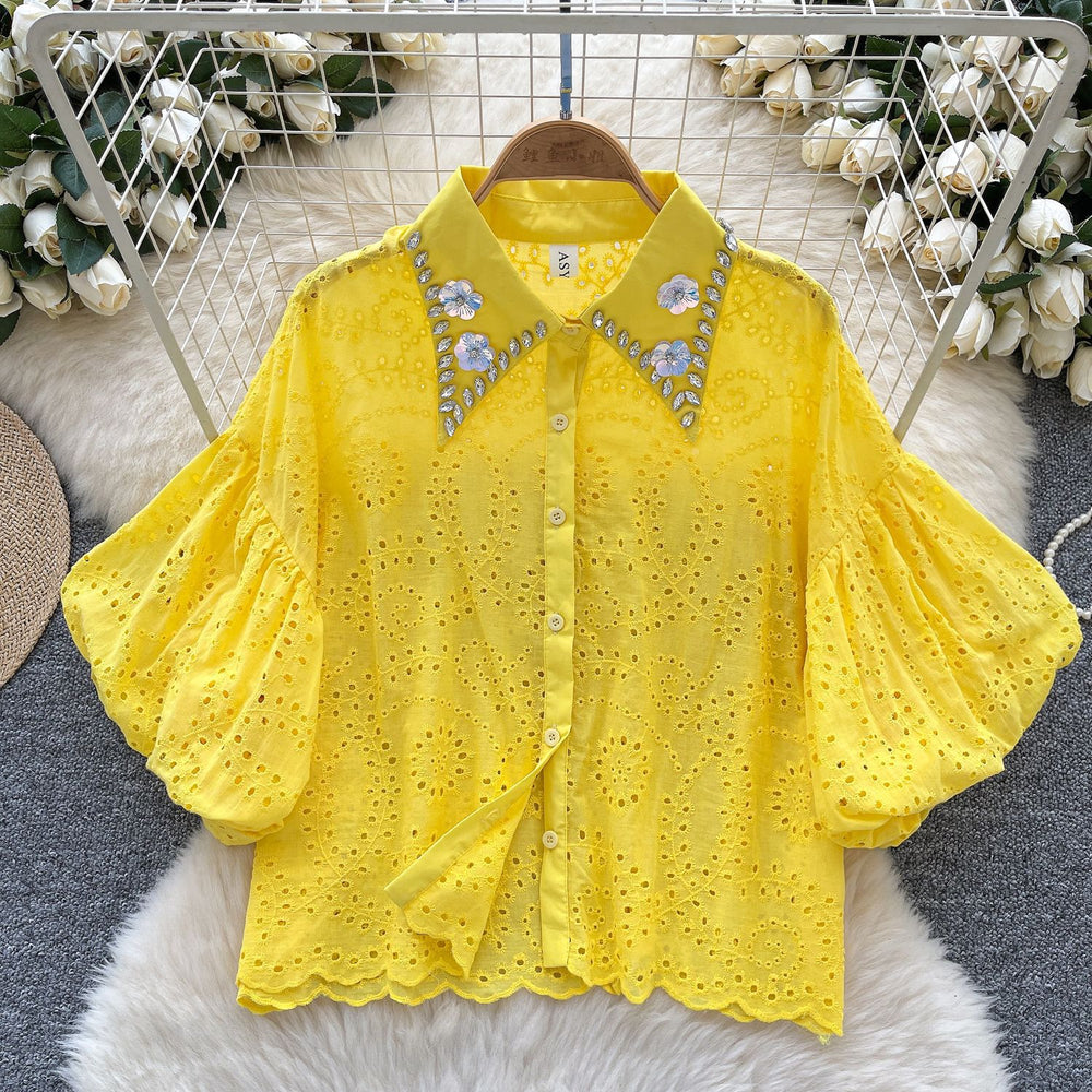 Accessible luxury palace style classy bubble sleeve shirt women's summer cut out crochet heavy industry diamond loose design tops