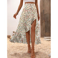 Women's floral high-waisted midi skirt with asymmetrical ruffle hem and slit – perfect for spring/summer vacation and casual wear