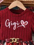 christmas girls' dress - red crew neck long sleeve letter print patchwork plaid skirt
