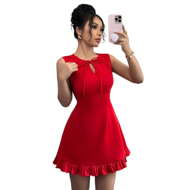 Women's round neck bow design front cut sleeveless silm hem color block ruffles mini dress