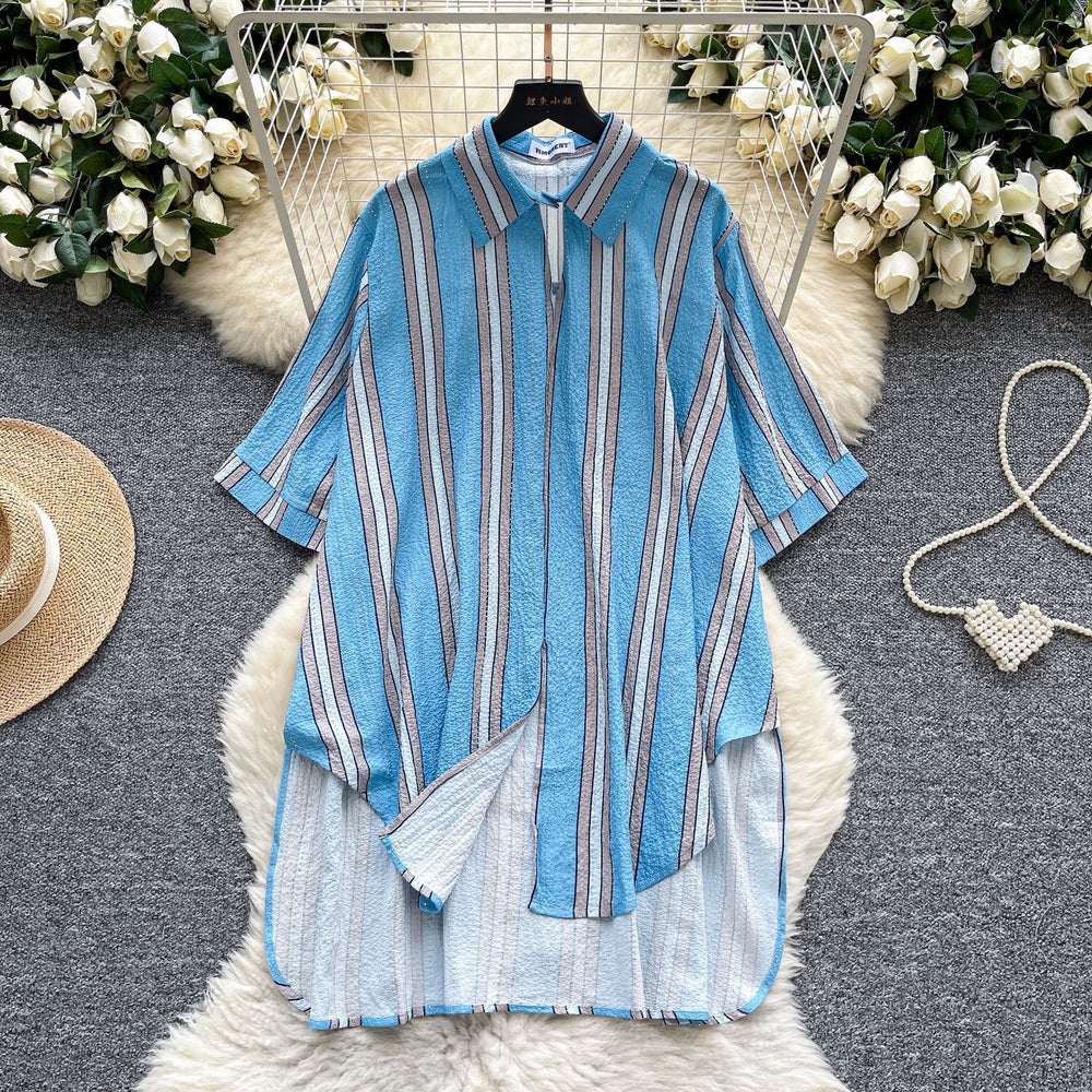 Relaxed fit shirt for women -  summer collection: effortless style, unique design, loose fit, slimming, casual, irregular striped pattern with hotfix rhinestone detailing