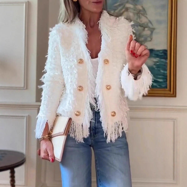 2025 Cross-border independent station  temperament elegant small fragrance fringed short coat metal buckle jacket cardigan women