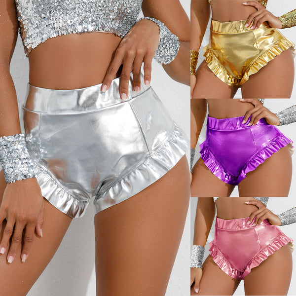 's new European and American  high-waisted ruffle edge sexy bronzing casual shorts ds bar lead dance performance clothes