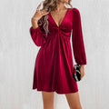 european and american women's clothing  fall/winter new sexy v-neck cinched waist a-line long sleeve party velvet dress