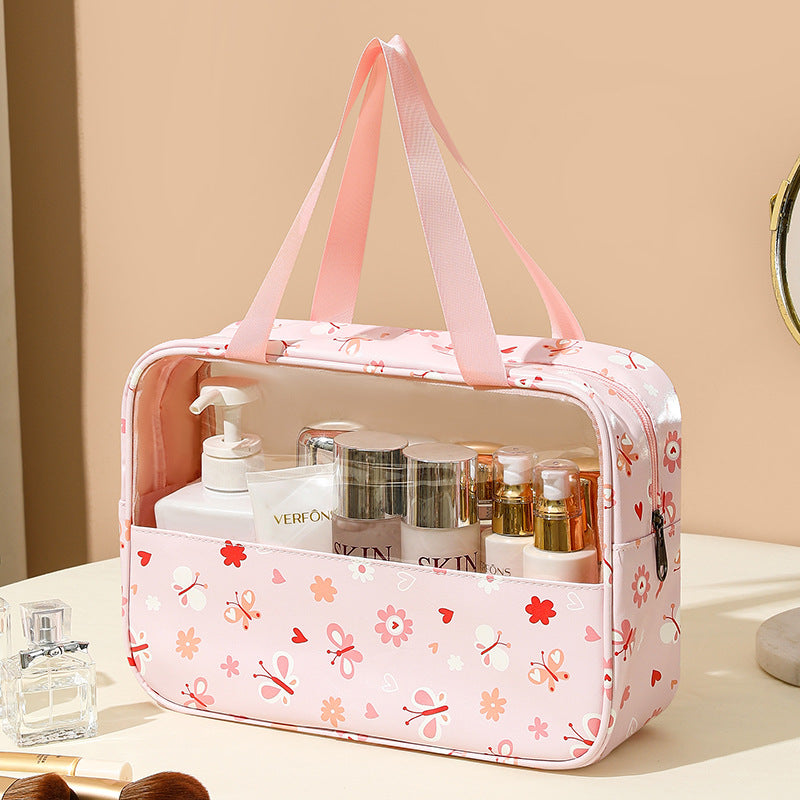 Splicing transparent cosmetic bag PVC bath toilet bag PU waterproof handbag large capacity travel portable storage bag