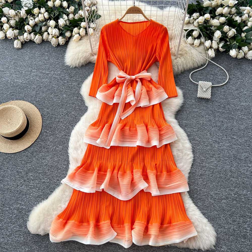 Miya pleated dress - women's  new arrival: high-end tie-waist gradient ruffle pleated maxi dress