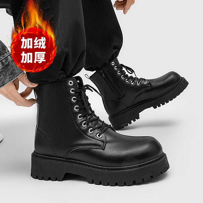 Men's martin boots: british style black high-top leather shoes, new mid-top motorcycle boots, fleece-lined warm height-increasing leather boots