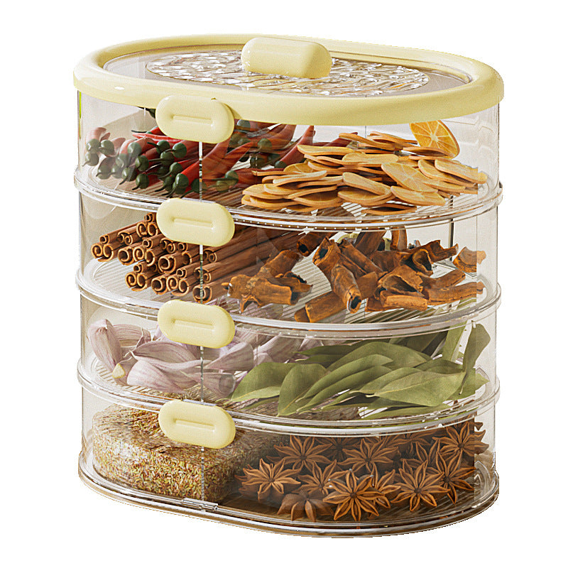 Multi-layered, stackable spice and dry ingredient storage container for home kitchens. keeps contents fresh, airtight, moisture-proof, insect-proof, and prevents flavor mingling. features a portable design