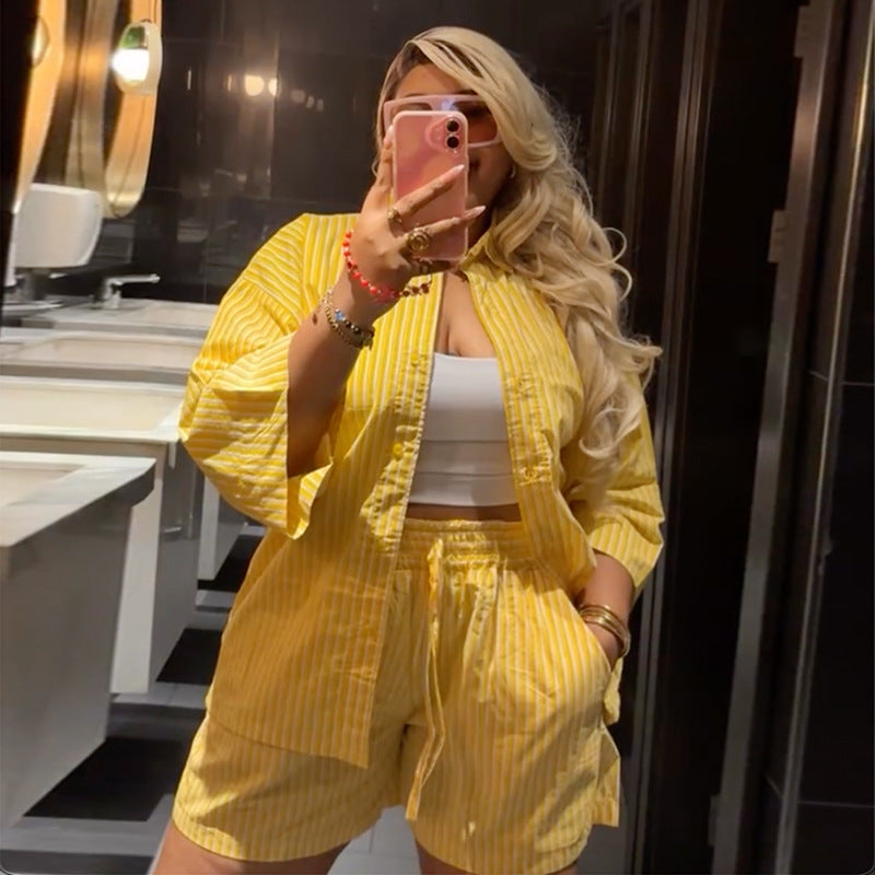 Fashion cross-border women's clothing  spring new arrivalelegantcasual lapel loosestripesshirt wide leg shortssuit