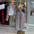 European and american cross-border women's fashion:  summer new collection - striped print long-sleeve shirt, camisole, and pants three-piece set