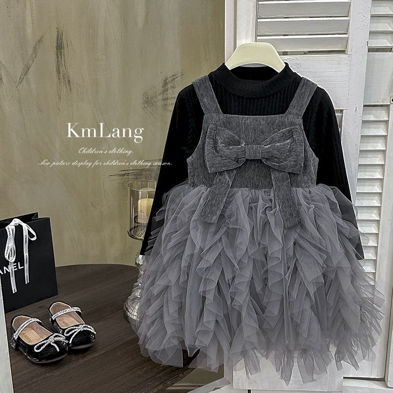 Girls' dress  autumn new style chic bow princess dress high-end black little girl sweet two-piece set