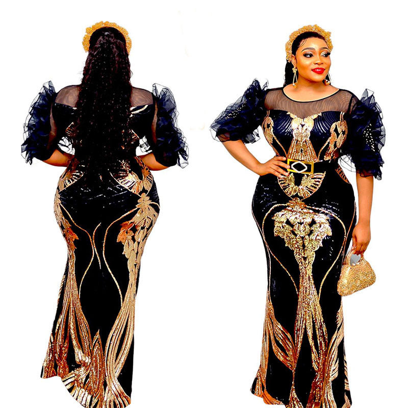 supply of african women's clothing sequin dress silm fishtail long skirt bubble mesh sleeves fashion evening wear fashion