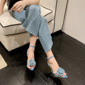 European and american new one-strap rhinestone rose flower high heel sandals, french sexy pointed toe stiletto heel women's shoes