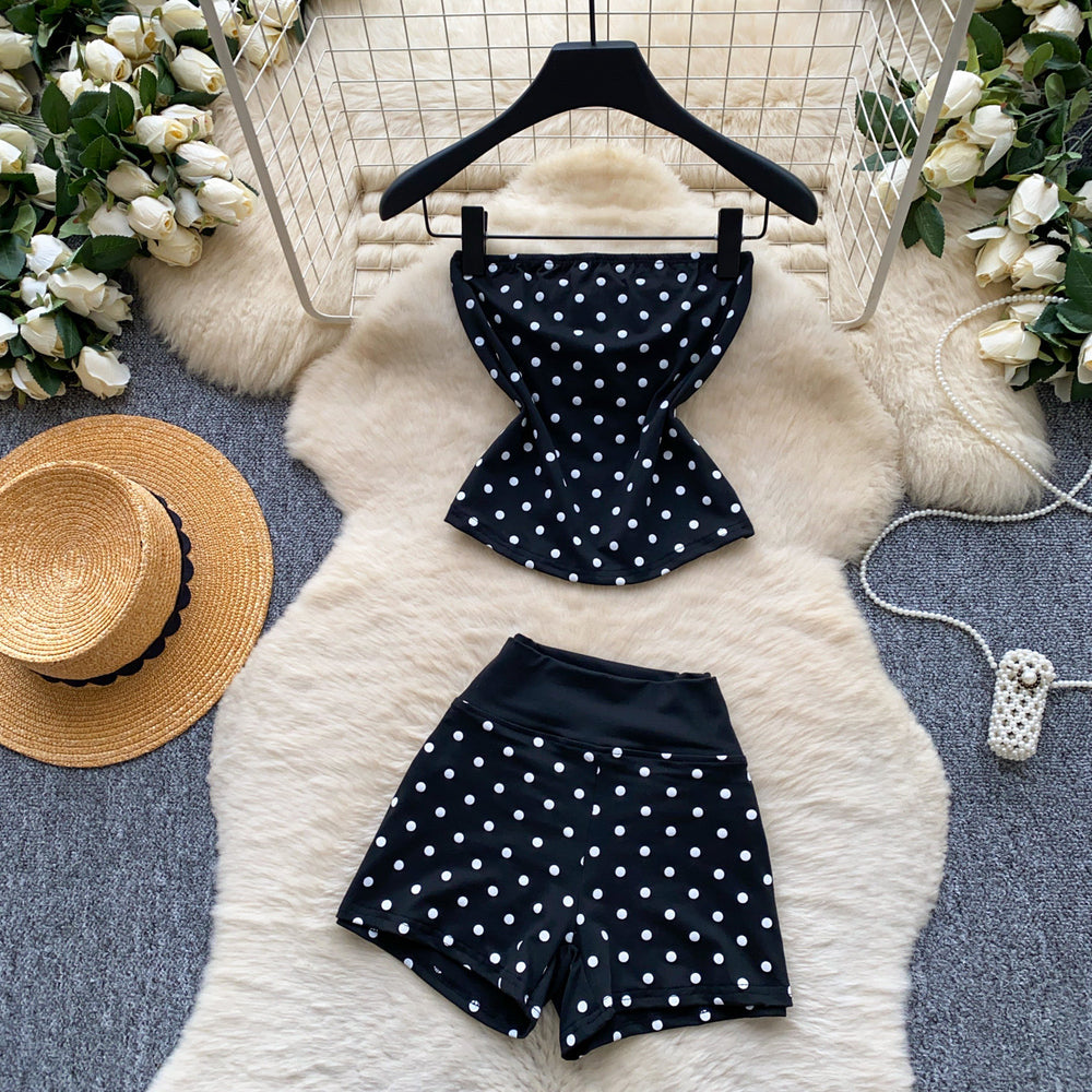 Gentle wind red polka dot tube top vest high waistshortstwo-piece set female summercasualslimming looksuit outfit