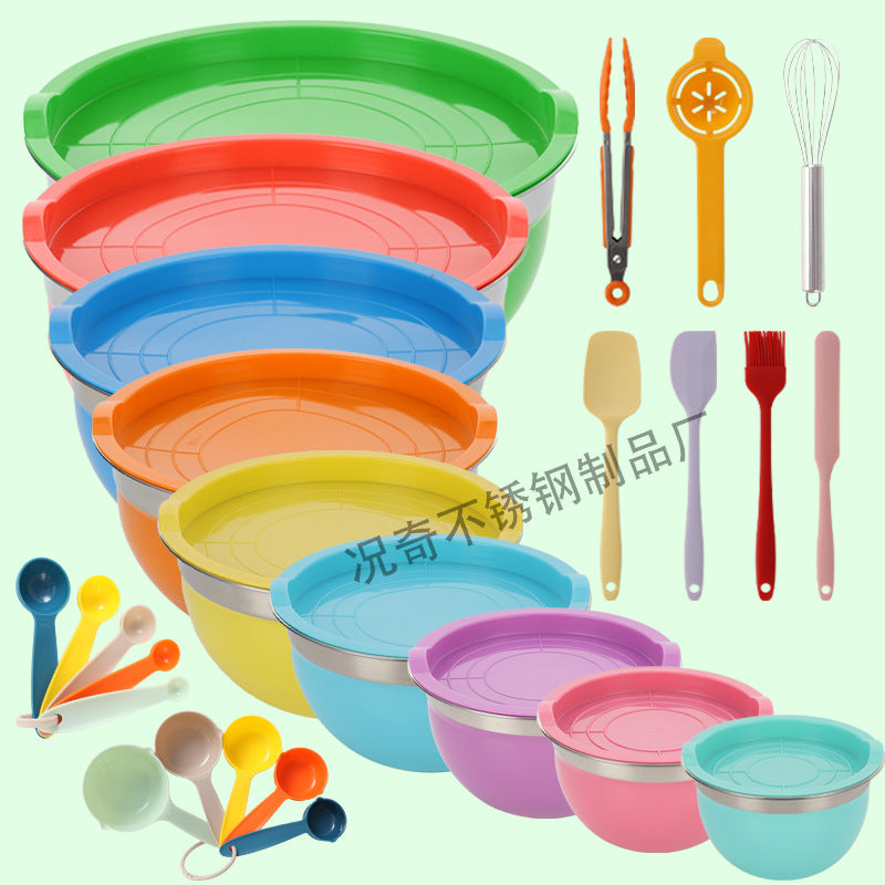 american colorful silicone bottom salad bowl with lid cooking baking salad bowl set stainless steel egg bowl