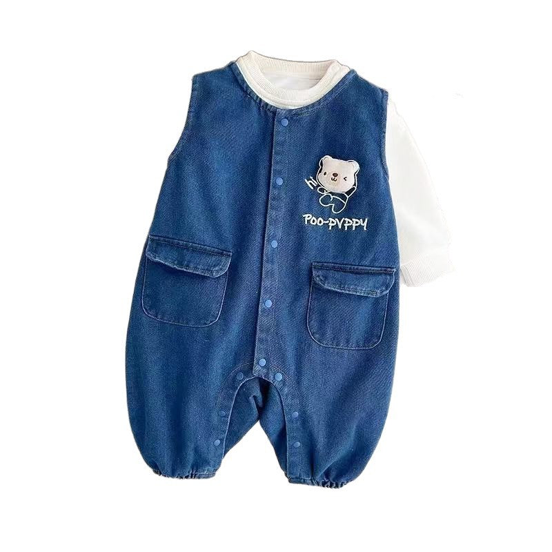 Spring and autumn suit baby clothes new arrival baby men and women infants and young children style denim suspenders two-piece set outing clothes