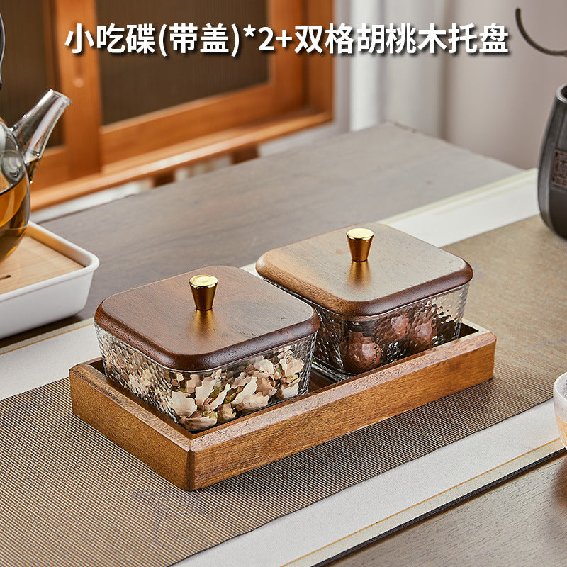 Walnut wood fruit bowl snack storage box - premium glass dried fruit dish - coffee table dessert & candy organizer