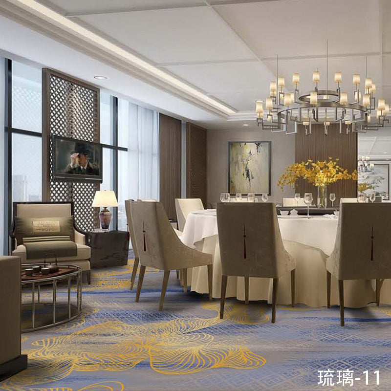 Custom carpets for hotel banquet halls, corridors, and aisles - fire-retardant, full-spread nylon printed carpets for restaurants and dining rooms