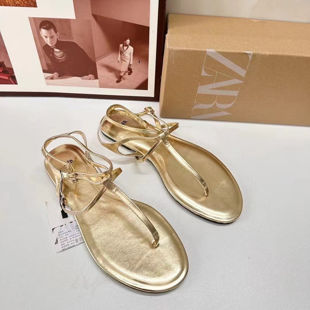 2024 summer new arrivals: gold metallic leather thong sandals - casual, flat, beach-ready slides for women