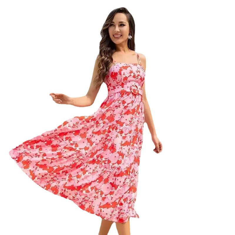 european and american   cross-border summer printed red spaghetti strap waist-cinched maxi dress