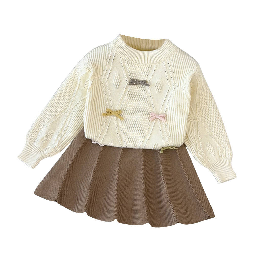 New autumn/winter girls' korean style knitted sweater set: bowknot long-sleeve pullover top and midi skirt two-piece outfit