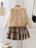 new summer cross-border fashion girls' fuzzy vest + knitted top + plaid skirt three-piece set