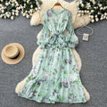 French chic floral slim-fit printed dress - women's summer tie-waist a-line maxi dress - vacation style, slimming design