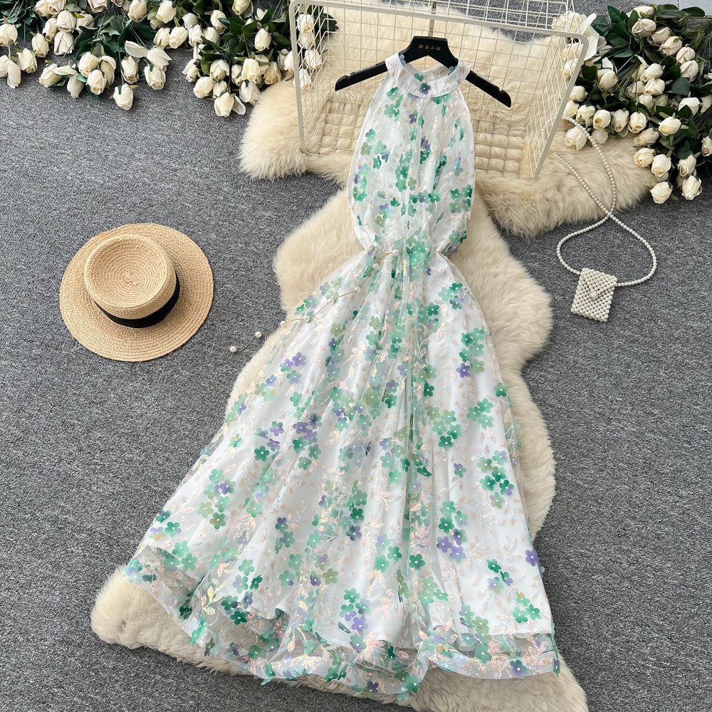 French riviera style halter floral dress - women's summer  high-waisted slimming yellow a-line maxi dress