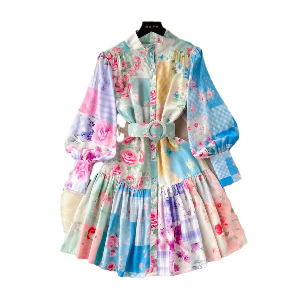 European and american style printed dress - women's niche luxury stand collar lantern sleeve cinched waist single-breasted ruffle hem mini dress
