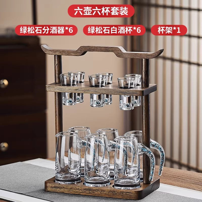 High-end acacia wood white wine glass set - home use, light luxury crystal glass shot glasses, gold foil wine pourer, barware set