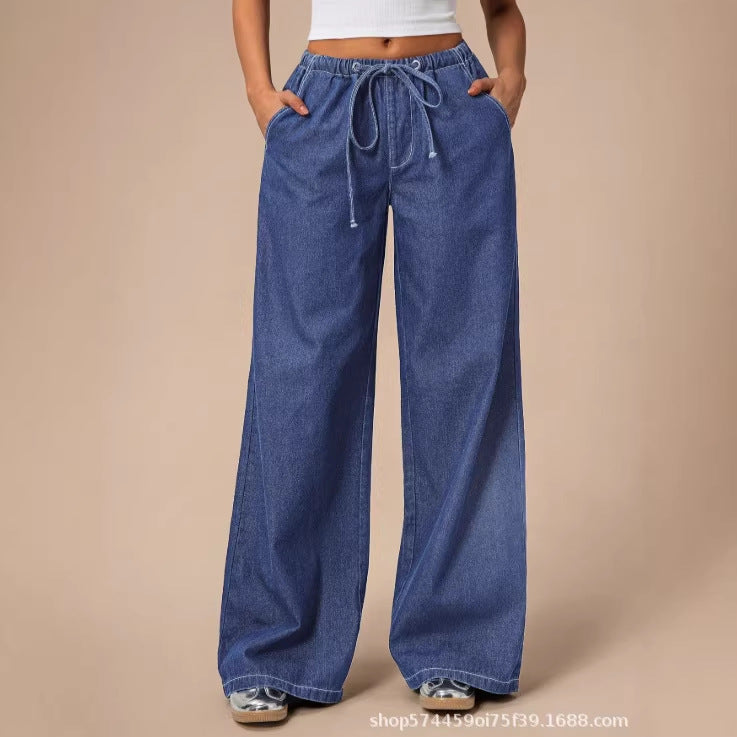 Amazon tiktok pinduoduo export cross-border fashion drawstring elastic waist wide leg jeans women's summer thin style