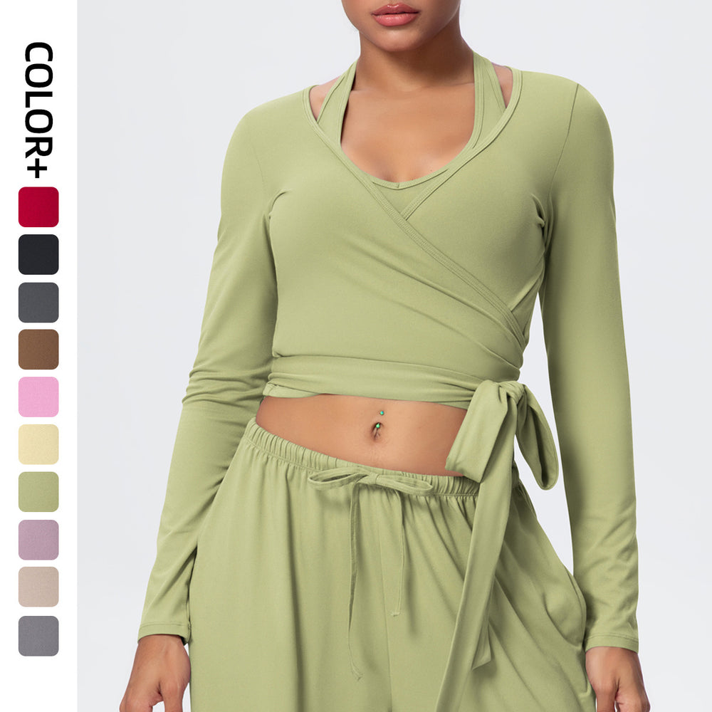 European and american fashionable brushed yoga top - one-piece tie-up long sleeve activewear for outdoor high-end fitness