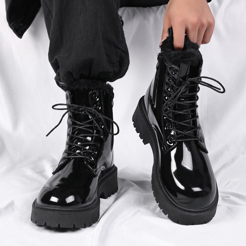 Men's winter black combat boots - british style casual motorcycle leather boots - men's anti-slip fleece-lined warm cotton boots