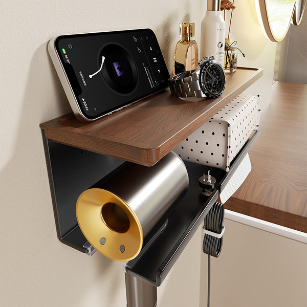 Walnut hair dryer rack, no punching, electric wind blowing bracket, hair dryer, wall-mounted tissue box, integrated storage rack
