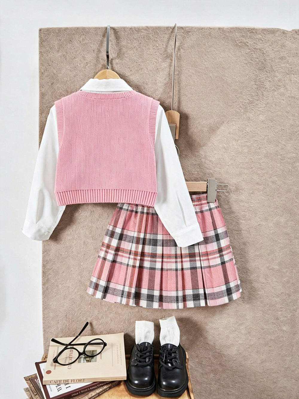 cross-border exclusive: preppy collar shirt + knitted vest with tie + pleated mini skirt three-piece set
