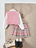 cross-border exclusive: preppy collar shirt + knitted vest with tie + pleated mini skirt three-piece set