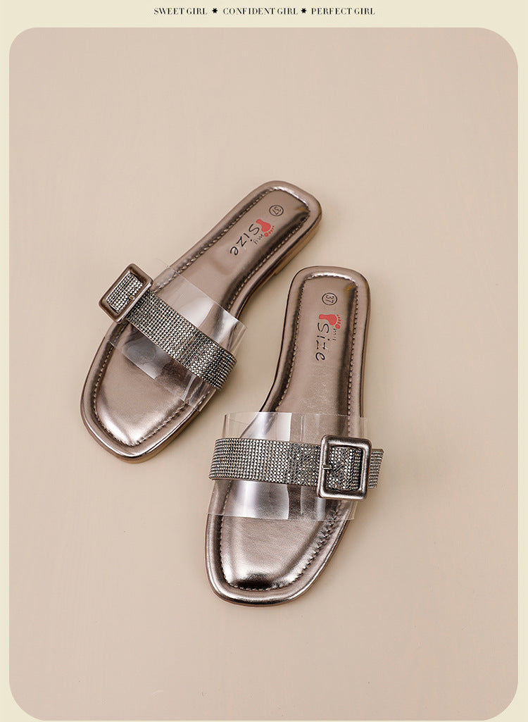 Women's flat slippers - clear straps with rhinestone square buckle, fashionable and versatile outdoor sandals, beach-ready french-style mules