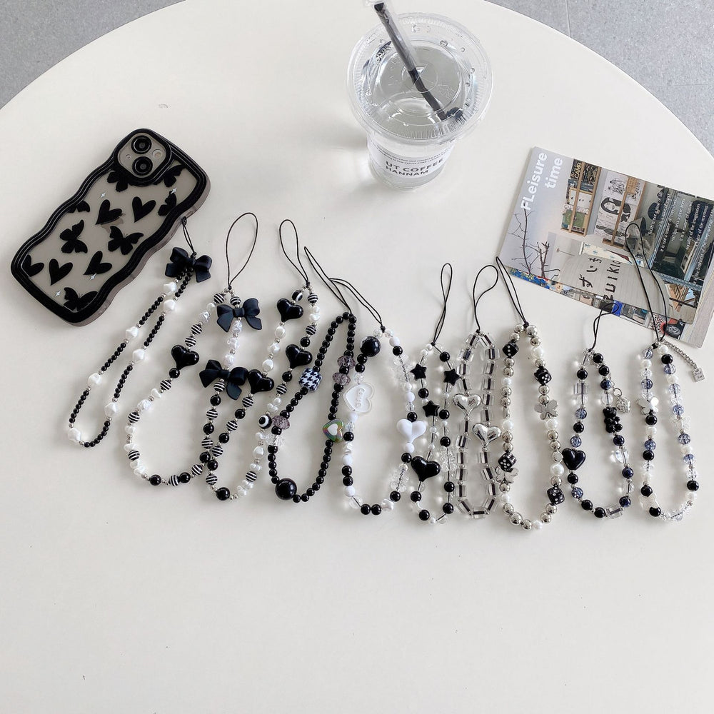 Minimalist crystal square electroplated heart bracelet with transparent star and bear charms, black and white bead phone case charm accessories
